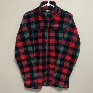 Columbia Red Black Plaid Long Sleeve Full Zip Fleece Jacket Size Youth 18/20 XL